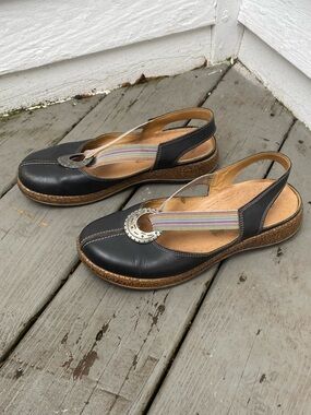 Spring Step Black Leather Slingback Mules with Multicolor Elastic Strap